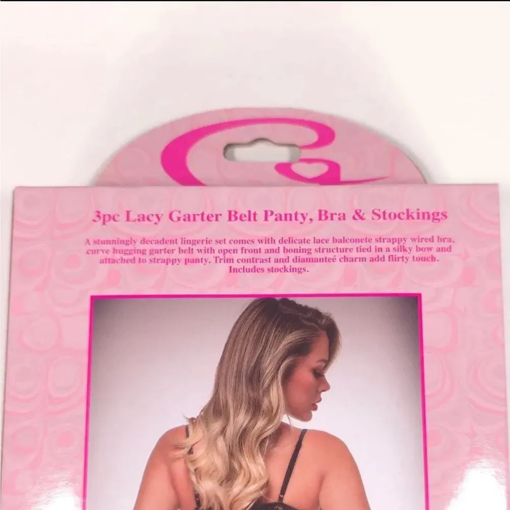 G World Pink Lace Lingerie Set Peekaboo Bra‎ Garter Stockings One Size L2212